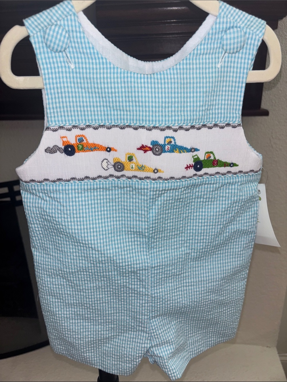 Light Blue Gingham Smocked Racecar Boys' One-Piece